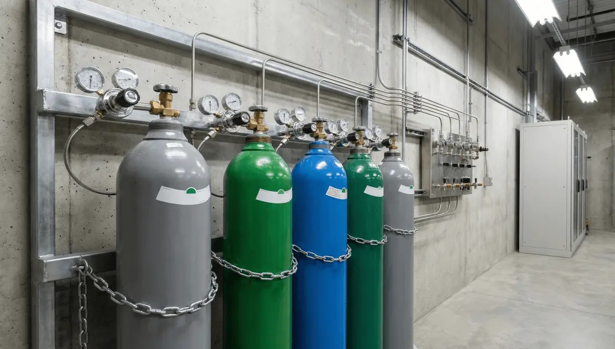 Calibration gas cylinders properly secured in a service rack